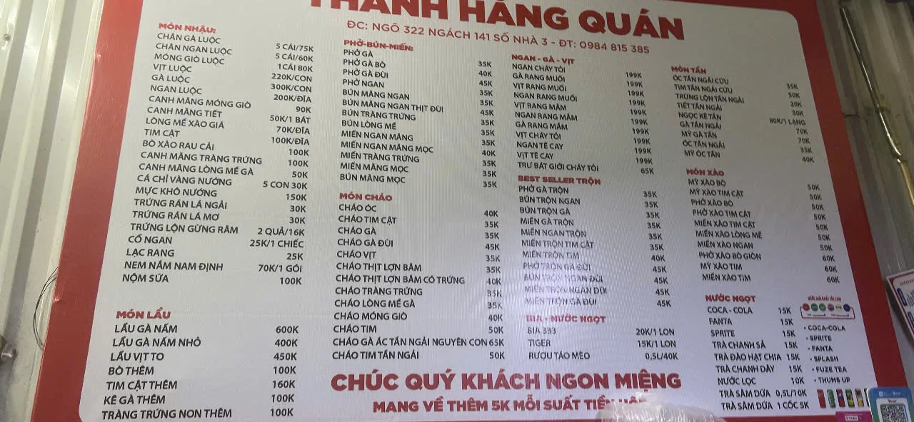 Bảng thực đơn niêm yết tại Thanh Hằng Quán
